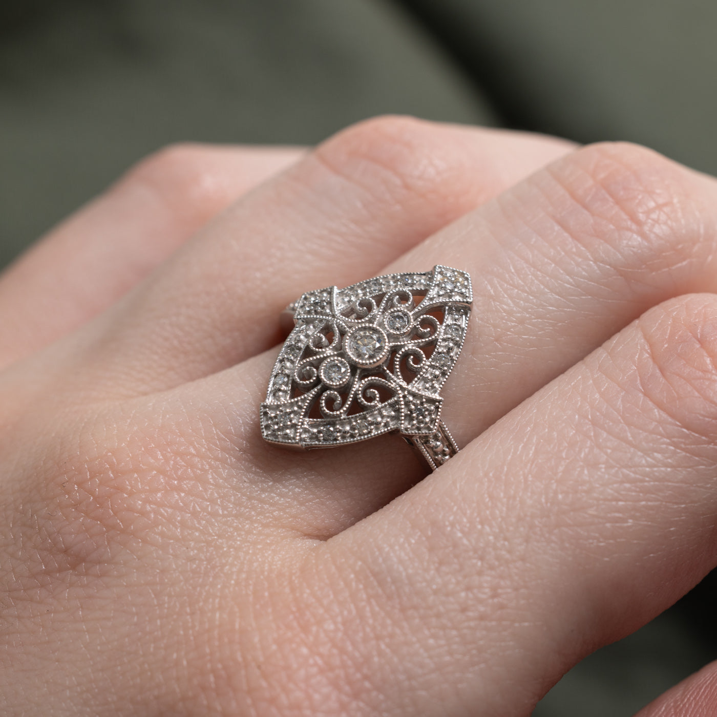 10k Diamond Scrollwork Navette Ring | 0.15ctw | SZ 6