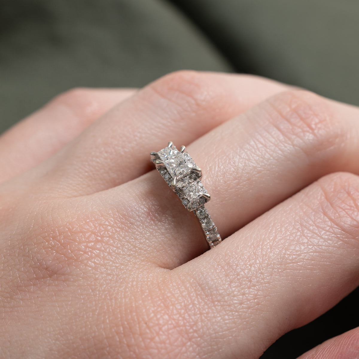 10k Three Stone Princess Cut Diamond Halo Ring | 0.49ctw | SZ 6.5