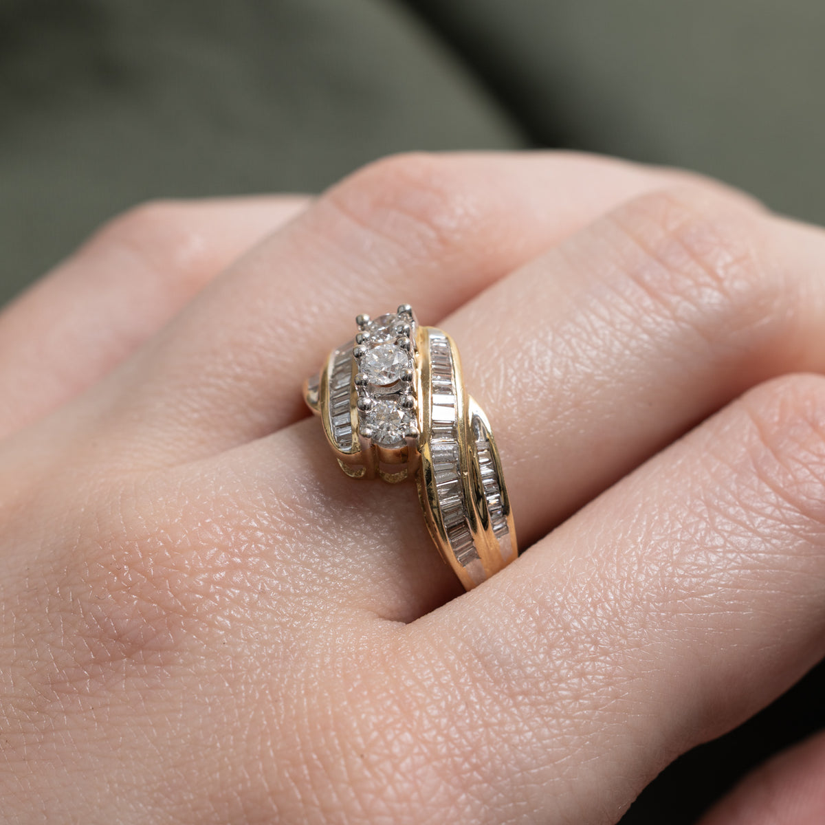 10k Three Stone Diamond Accented Bypass Ring | 0.64ctw | SZ 6.5