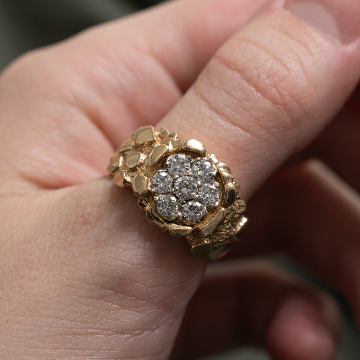 14k Diamond Cluster Nuggety Signet Ring | 0.85ctw | SZ 9.25