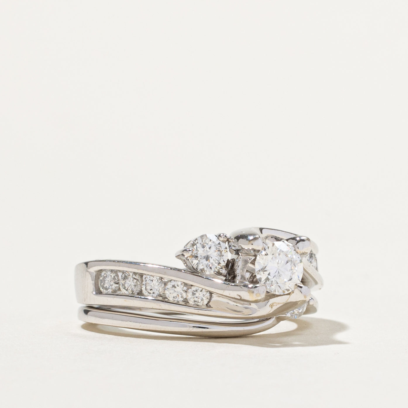 14k Three Stone Diagonal Set Diamond Wedding Ring Set | 0.81ctw | SZ 5