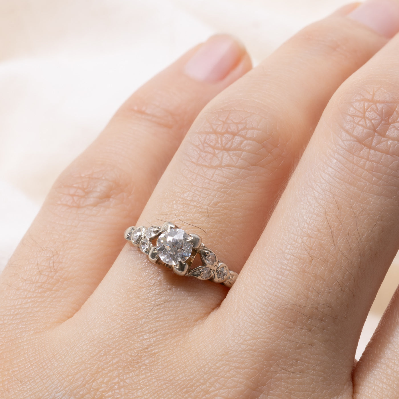 14k Old European Cut Diamond Floral Ring | 0.50ct SI1 G/H, 0.10ctw | SZ 6.5