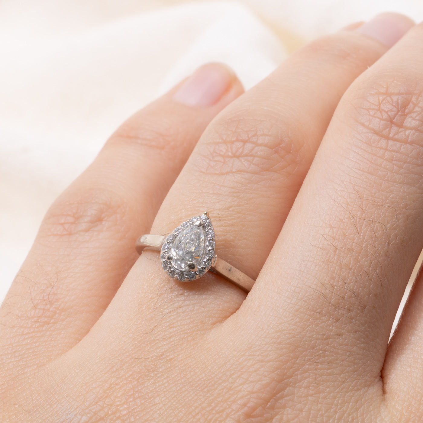 18k Pear Cut Diamond Halo Ring | 0.70ct I1 G/H, 0.09ctw | SZ 5.5