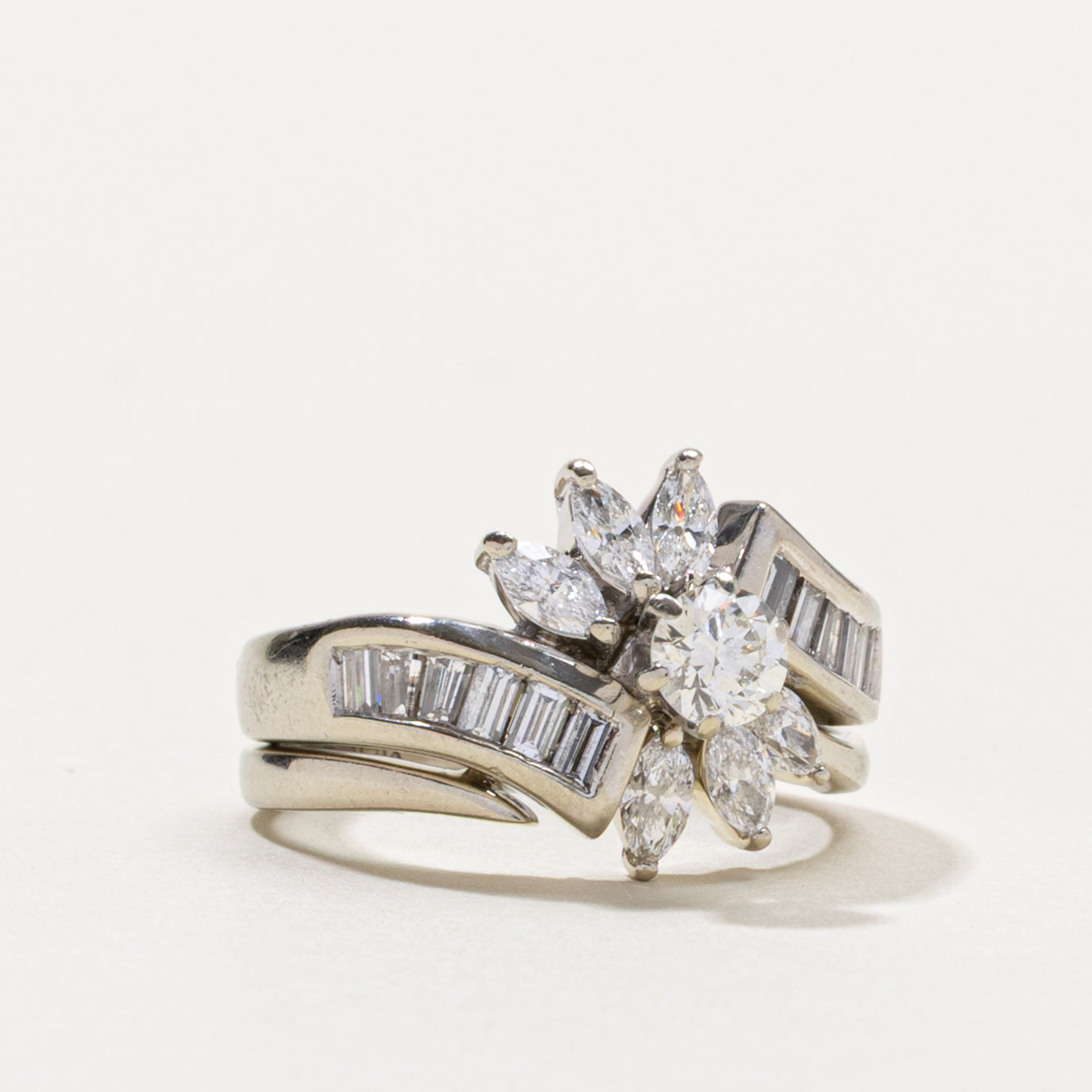 Diamond Petal Halo Bypass Wedding Ring Set | 0.27ct SI1/SI2 J, 0.72ctw | SZ 5.5