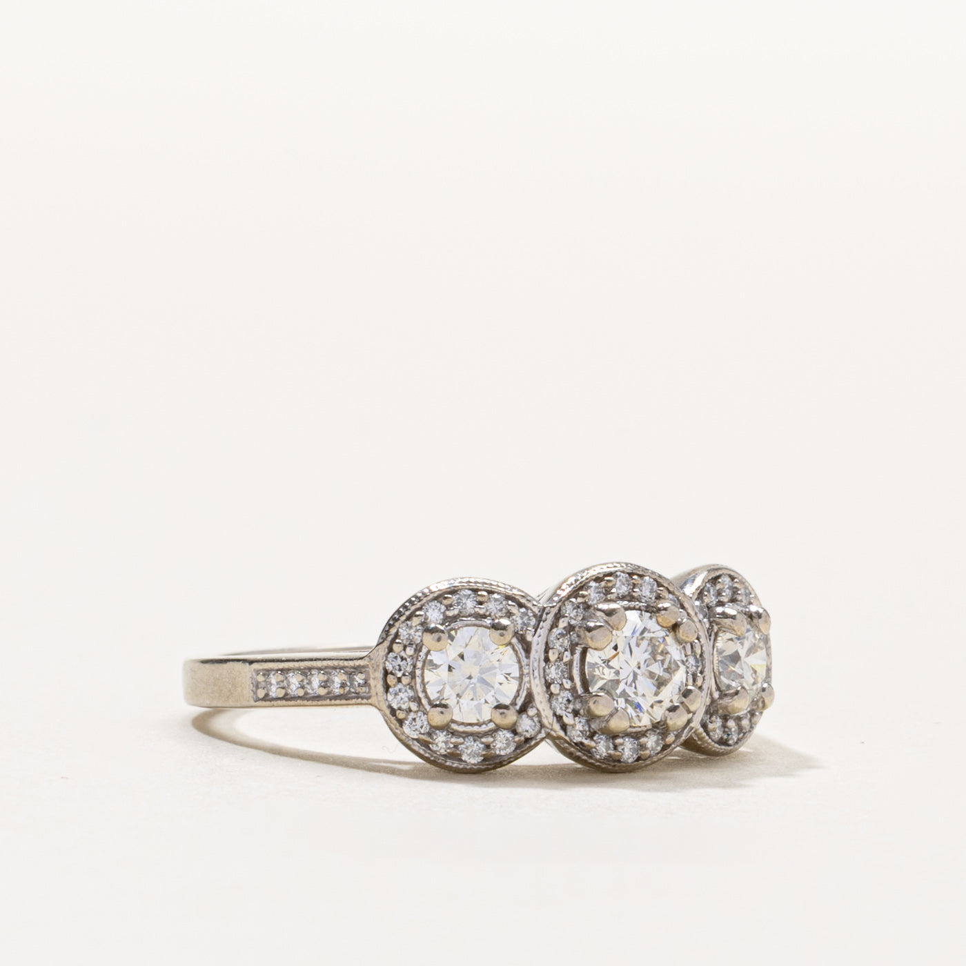 14k Three Stone Diamond Halo Ring | 0.90ctw | SZ 9.25