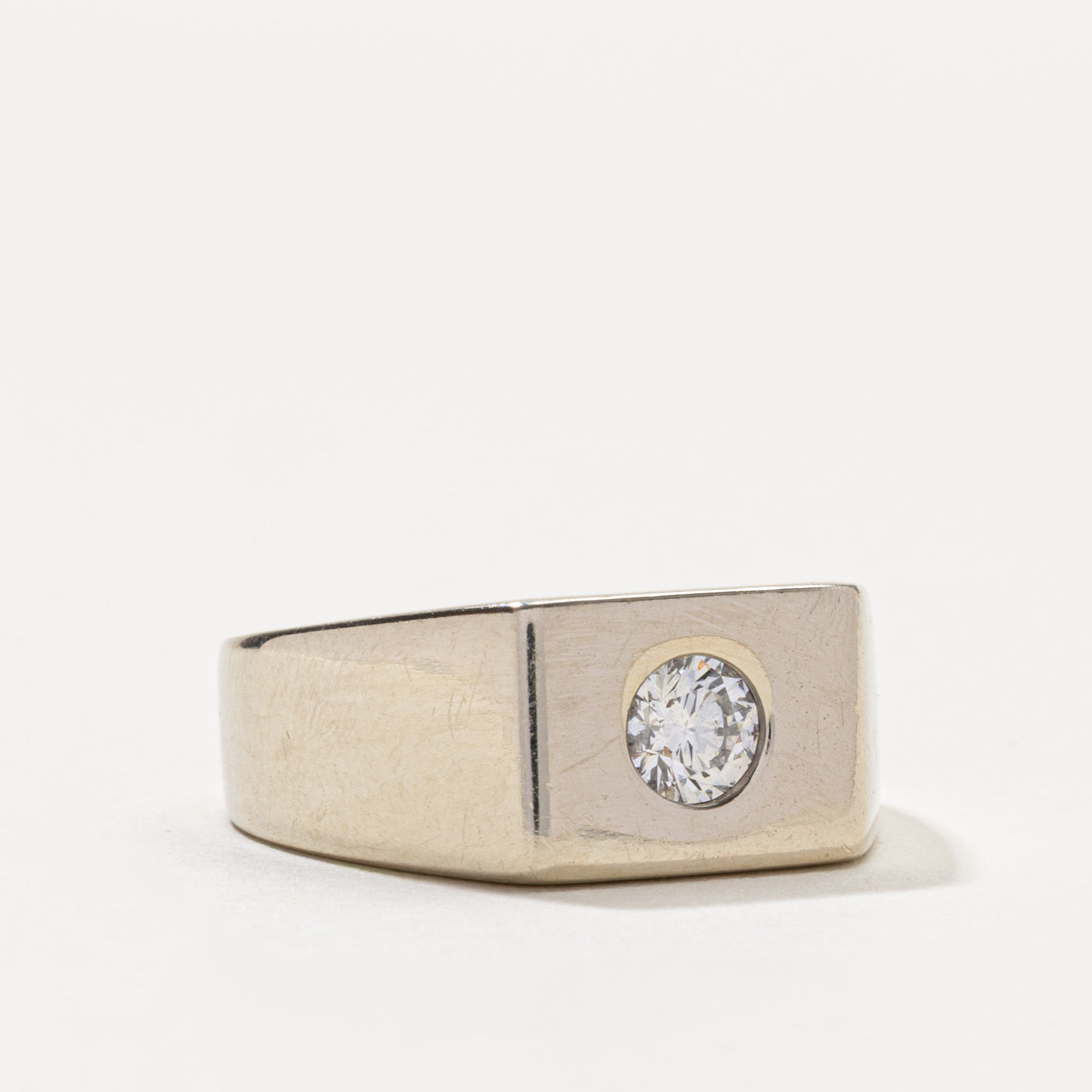 14k Flush Set Round Brilliant Cut Diamond Signet Ring | 0.50ct SI2 H | SZ 10.25