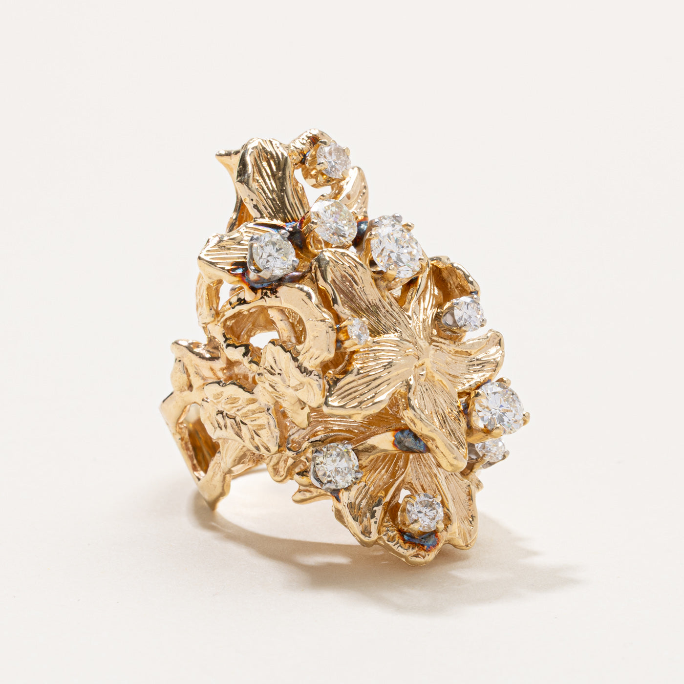 14k Diamond Cluster Floral Engraved Cocktail Ring | 1.99ctw | SZ 9.5