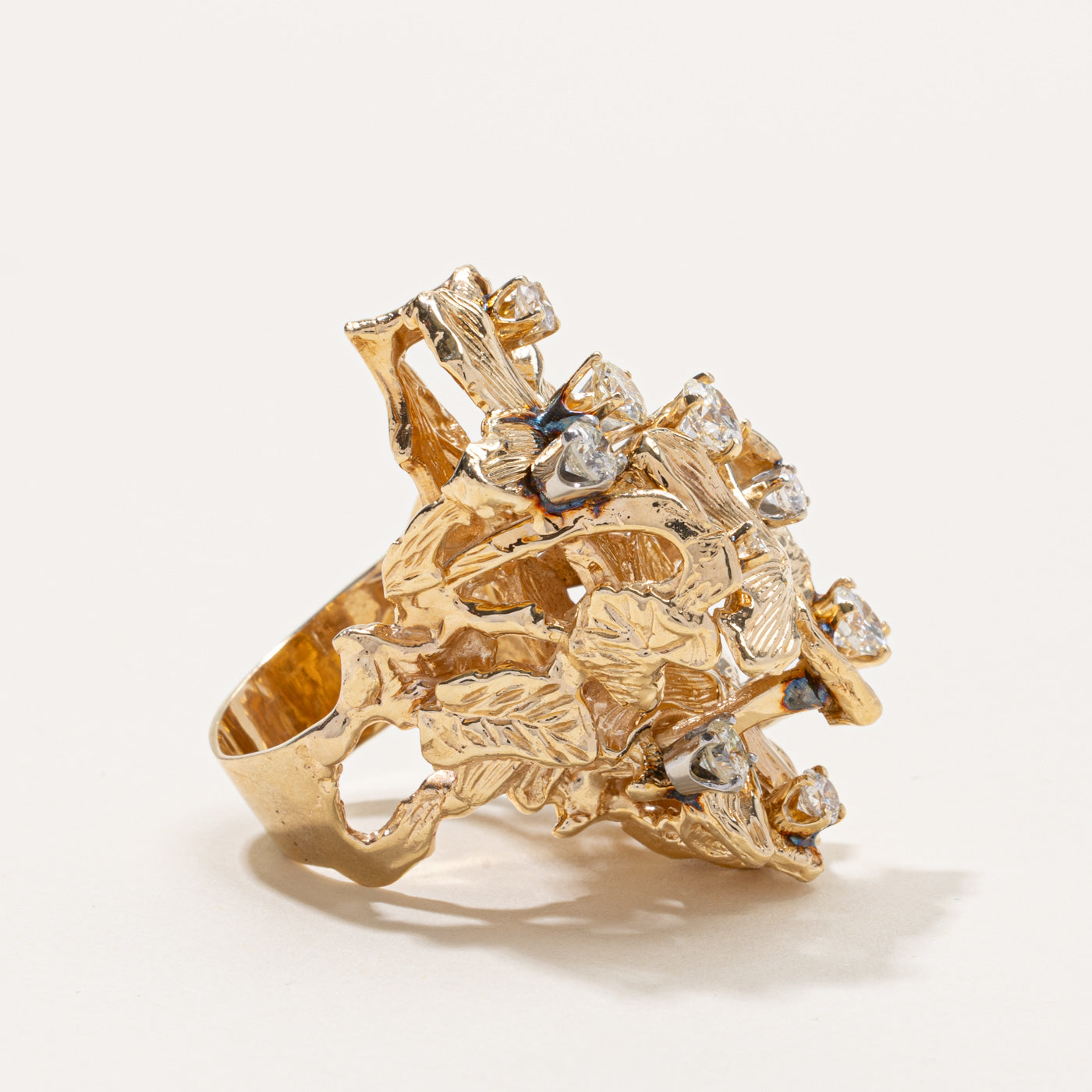 14k Diamond Cluster Floral Engraved Cocktail Ring | 1.99ctw | SZ 9.5