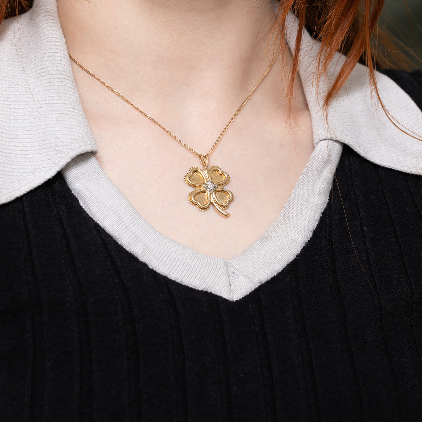 14k Diamond Textured Clover Pendant | 0.12ctw