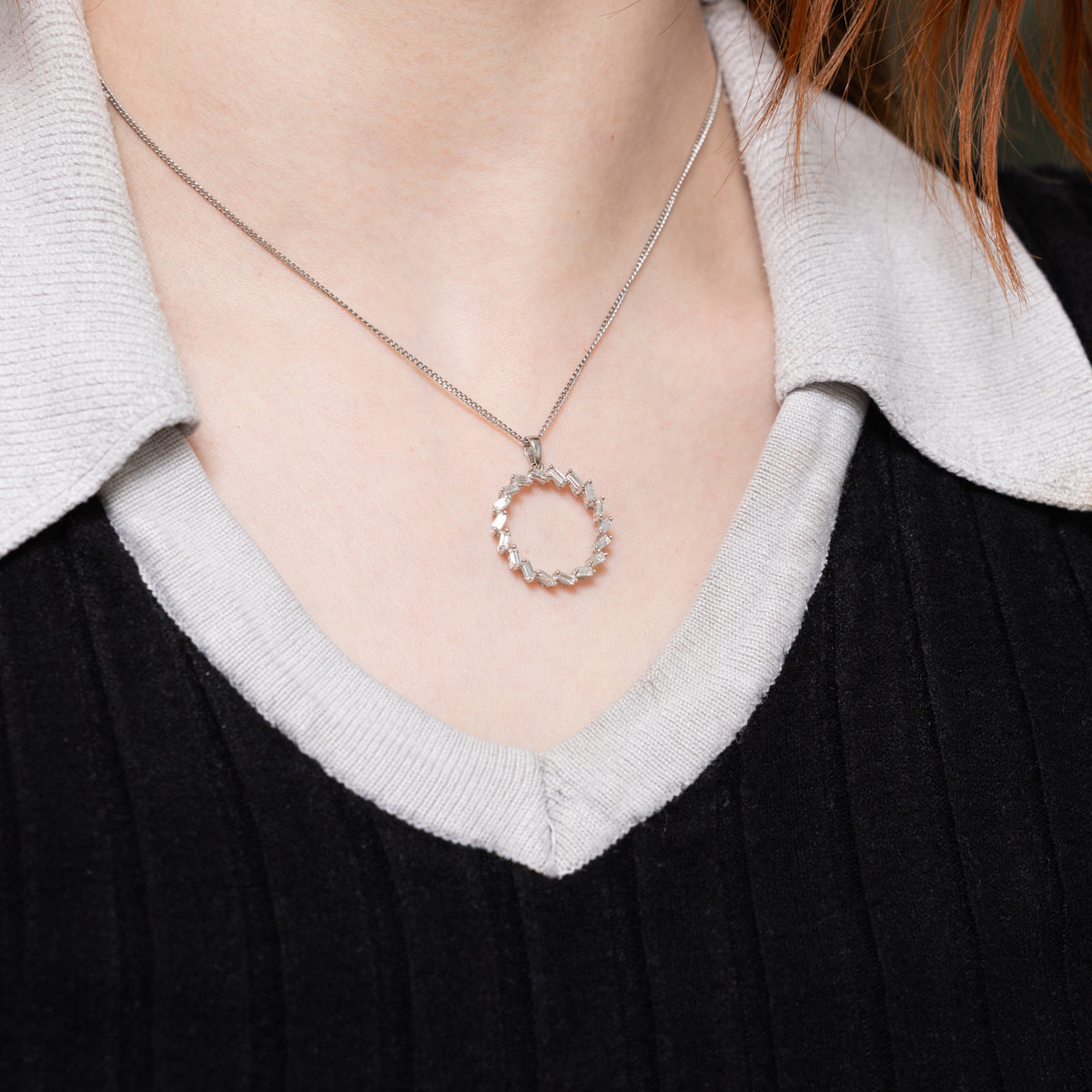 14k Baguette Cut Diamond Circle Pendant | 0.80ctw