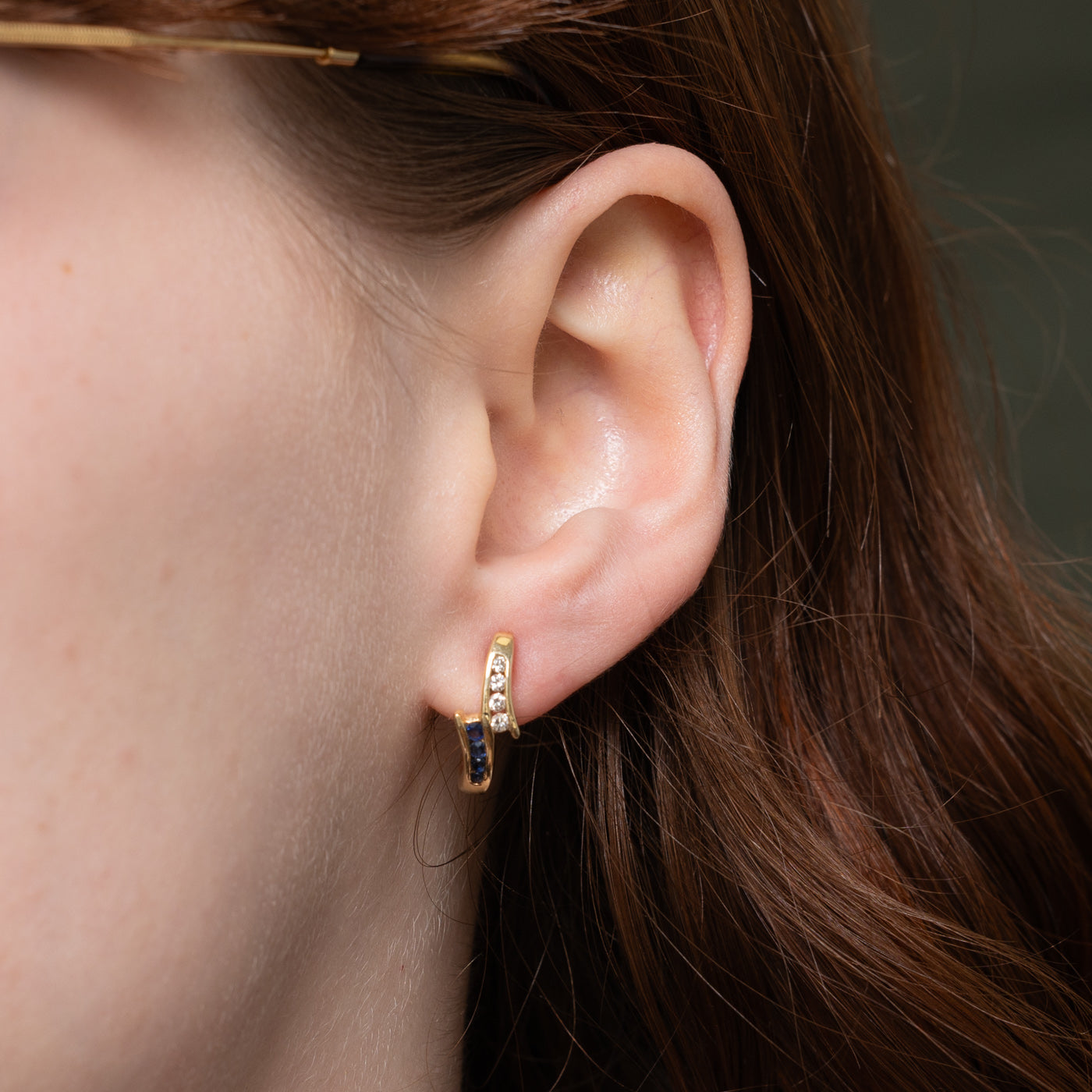 14k Channel Set Sapphire & Diamond Half Huggie Earrings | 0.15ctw, 0.12ctw