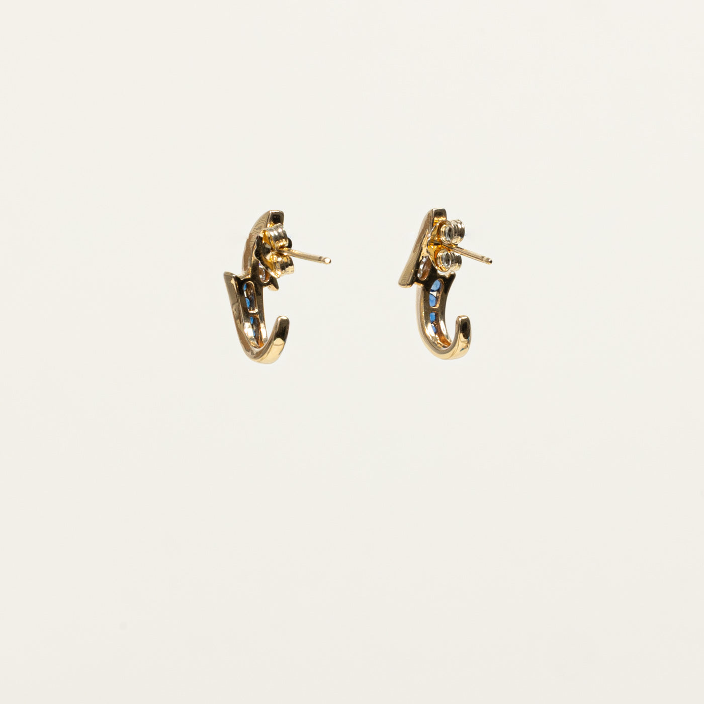 14k Channel Set Sapphire & Diamond Half Huggie Earrings | 0.15ctw, 0.12ctw