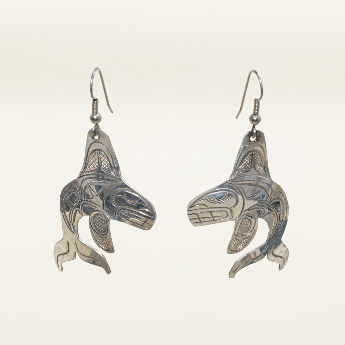 Sterling Silver Indigenous Carved Orca Earrings