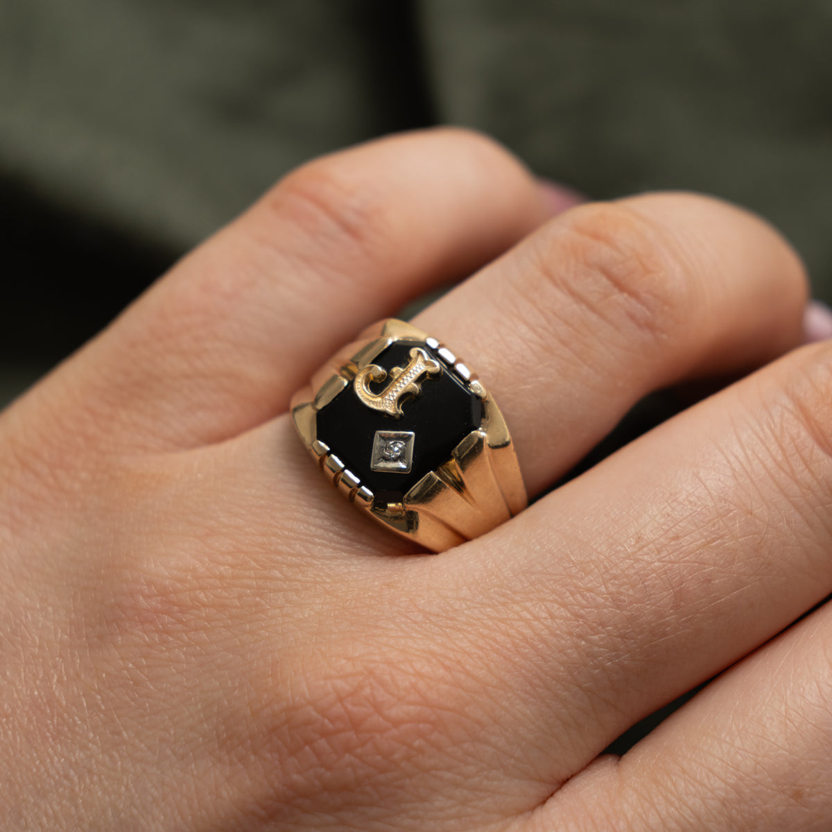 10k Onyx & Diamond "J" Initial Signet Ring | 1.80ct, 0.003ctw | SZ 7.75