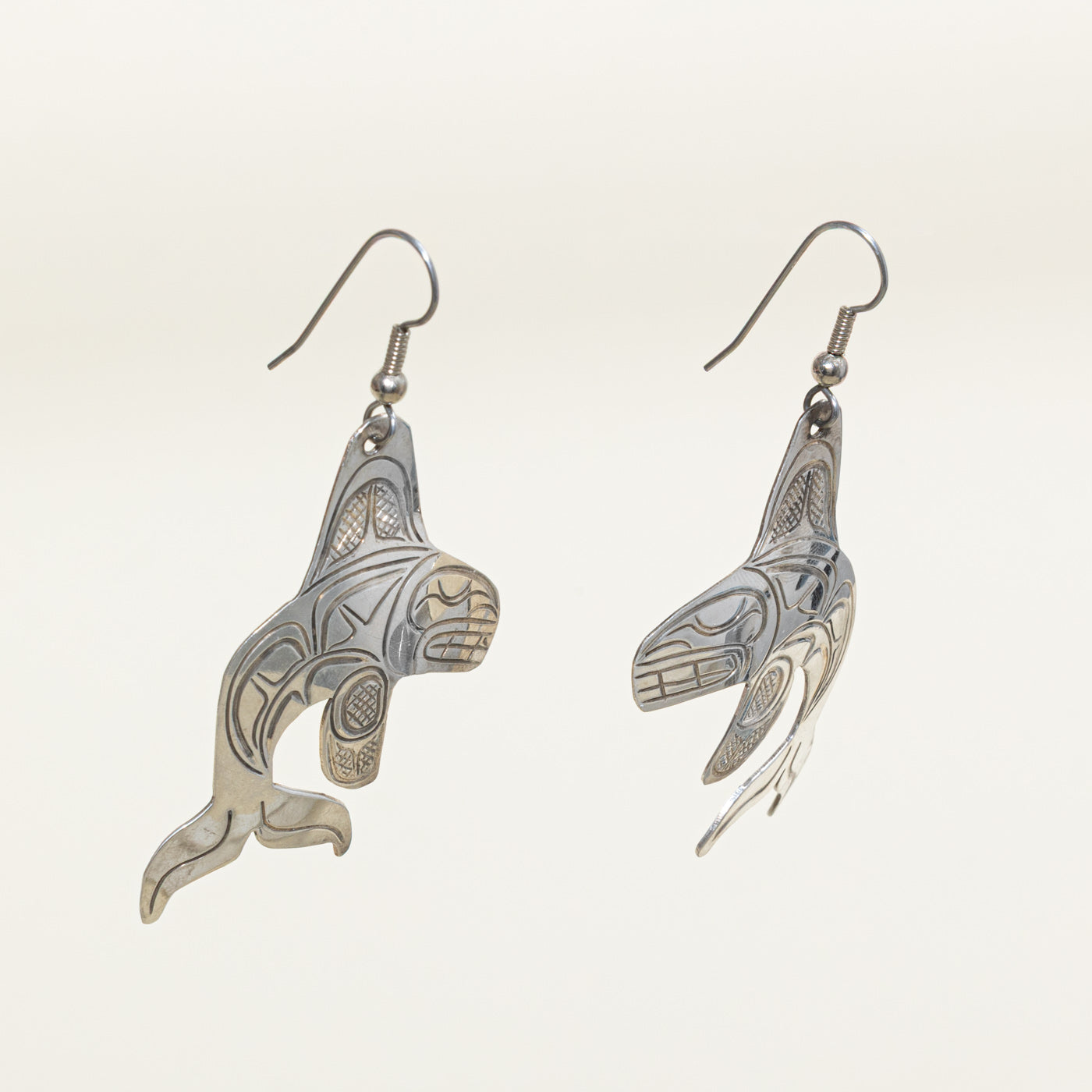 Sterling Silver Indigenous Carved Orca Earrings