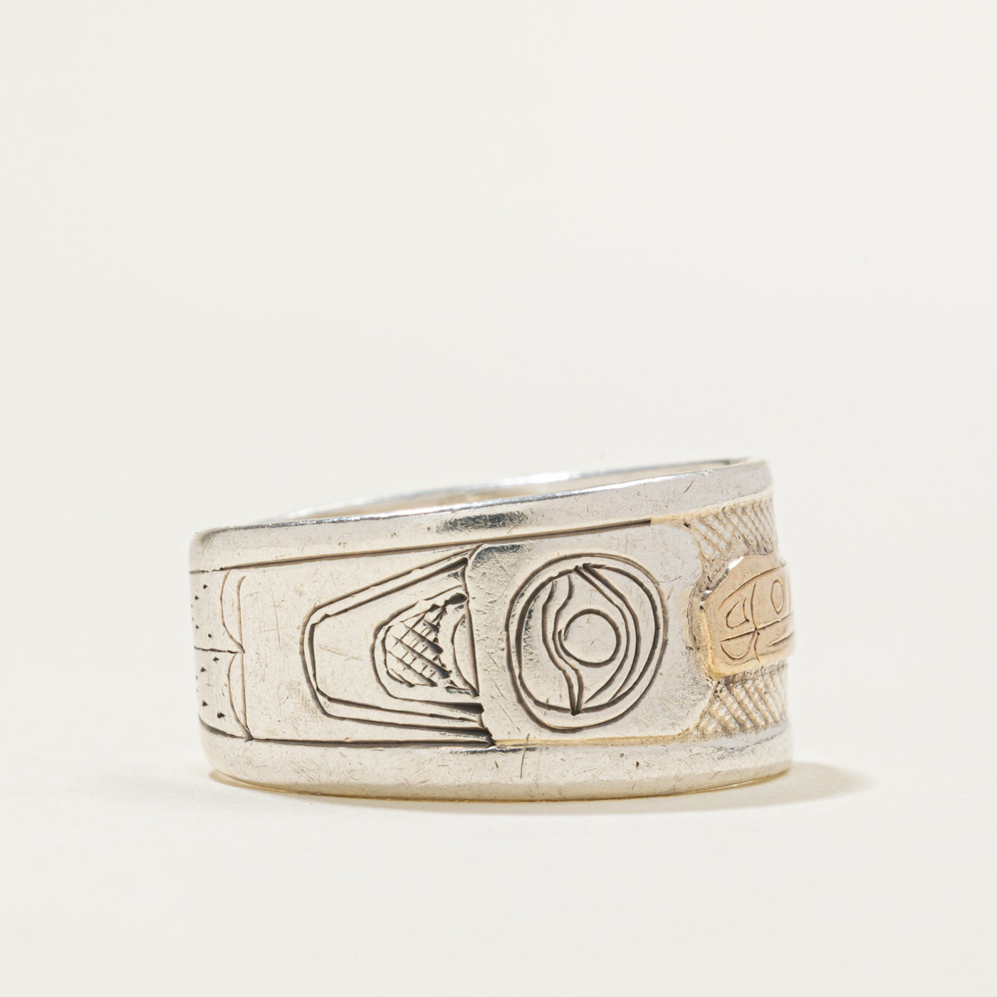 Sterling Silver & 14k Gold Indigenous Carved Raven Ring | SZ 9.5