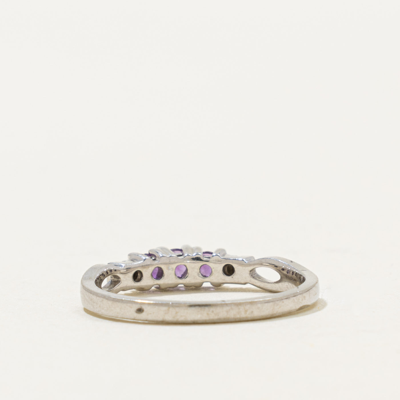 10k Three Stone Amethyst & Diamond Accented Ring | 0.20ctw, 0.02ctw | SZ 6.5