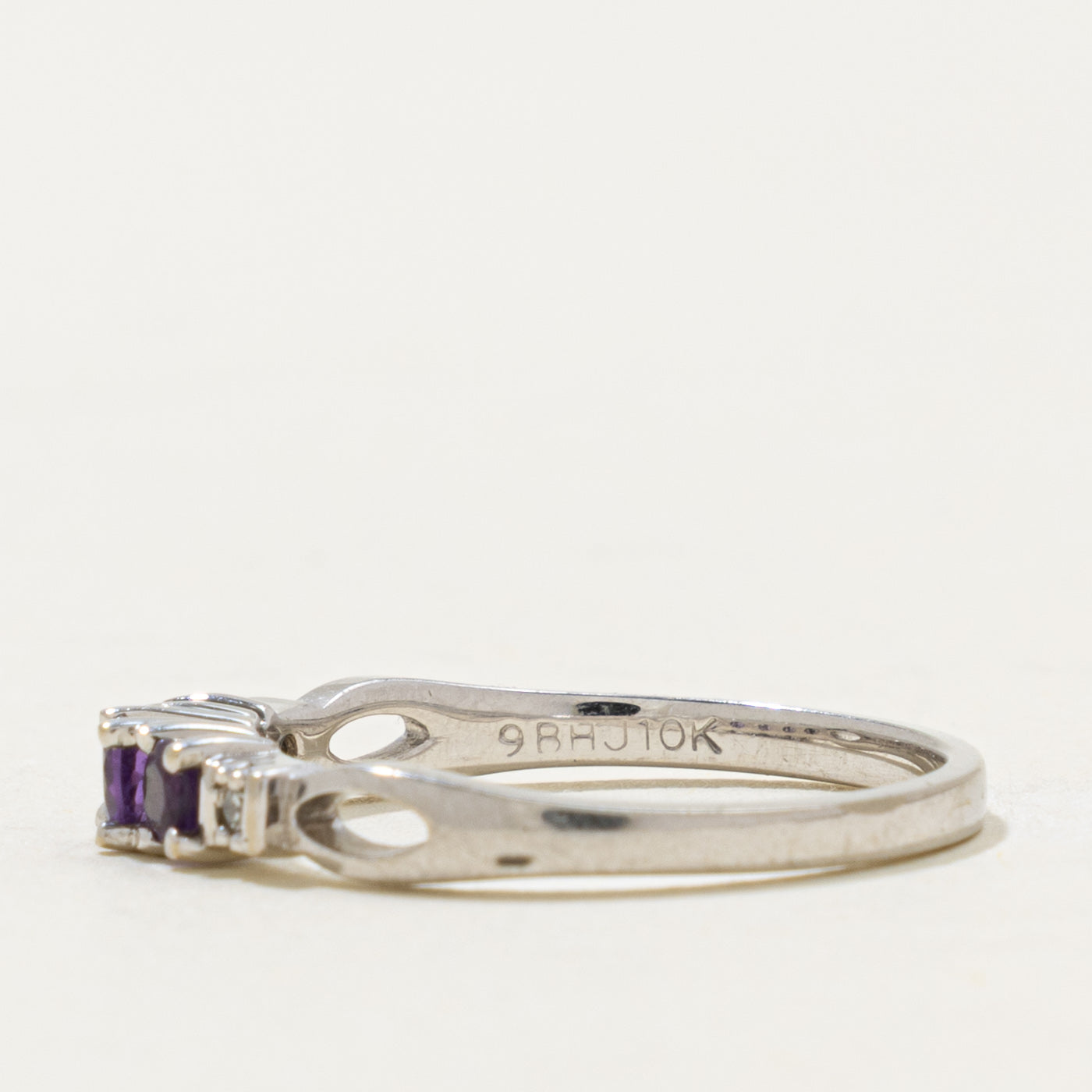 10k Three Stone Amethyst & Diamond Accented Ring | 0.20ctw, 0.02ctw | SZ 6.5