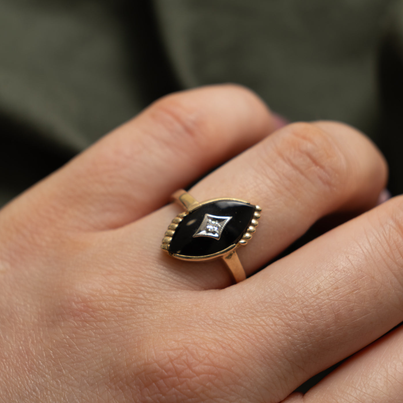 10k Marquise Onyx & Diamond Navette Ring | 1.30ct, 0.01ctw | SZ 6.5