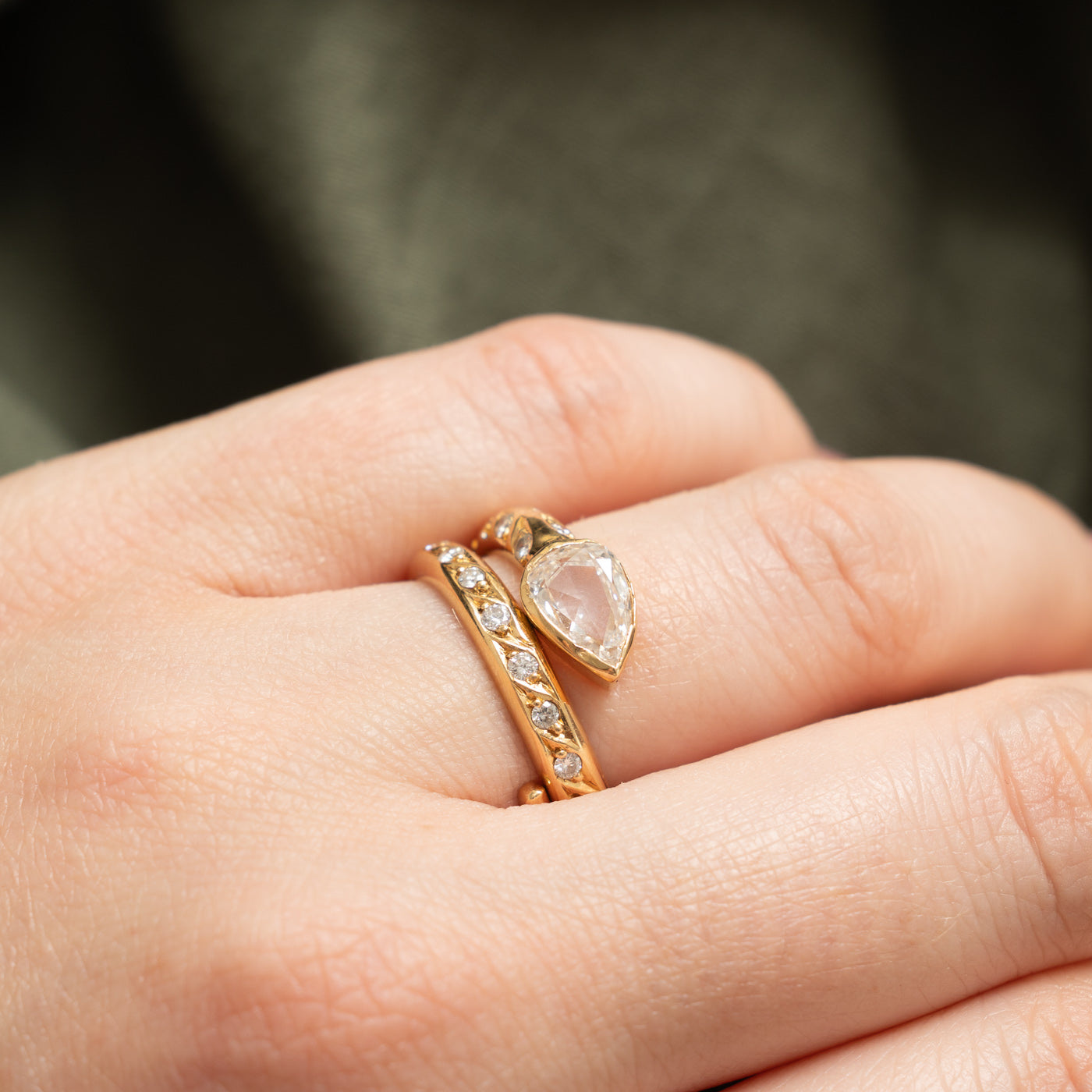 Antique Pear Cut Diamond Snake Ring | 0.8ct SI1 G/H, 0.36ctw | SZ 7.25