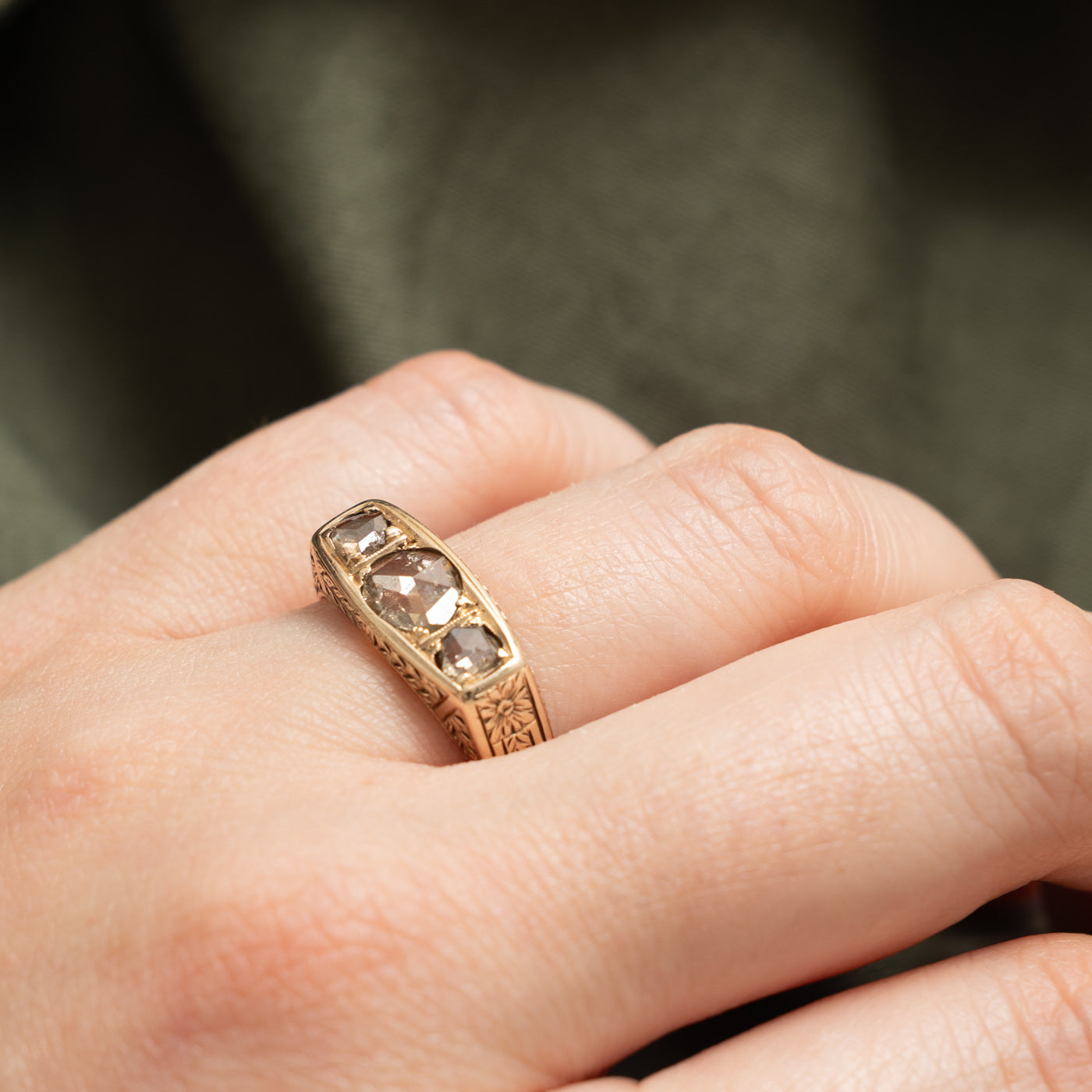 Antique Three Stone Diamond Floral Engraved Ring | 0.65 ctw | SZ 9