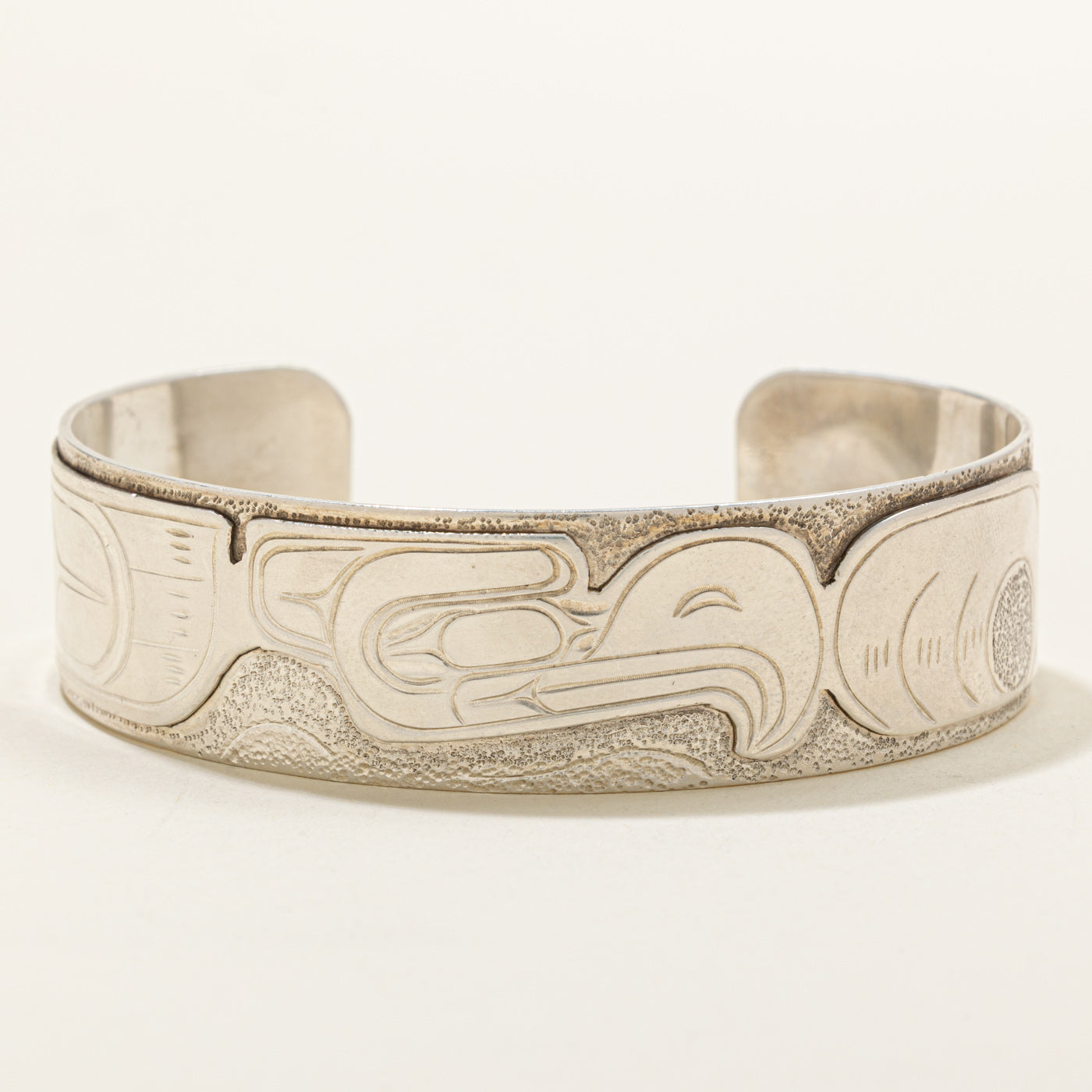Sterling Silver Indigenous Carved Eagle Cuff | 7"
