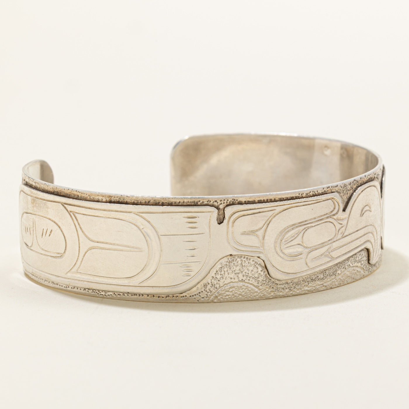 Sterling Silver Indigenous Carved Eagle Cuff | 7"