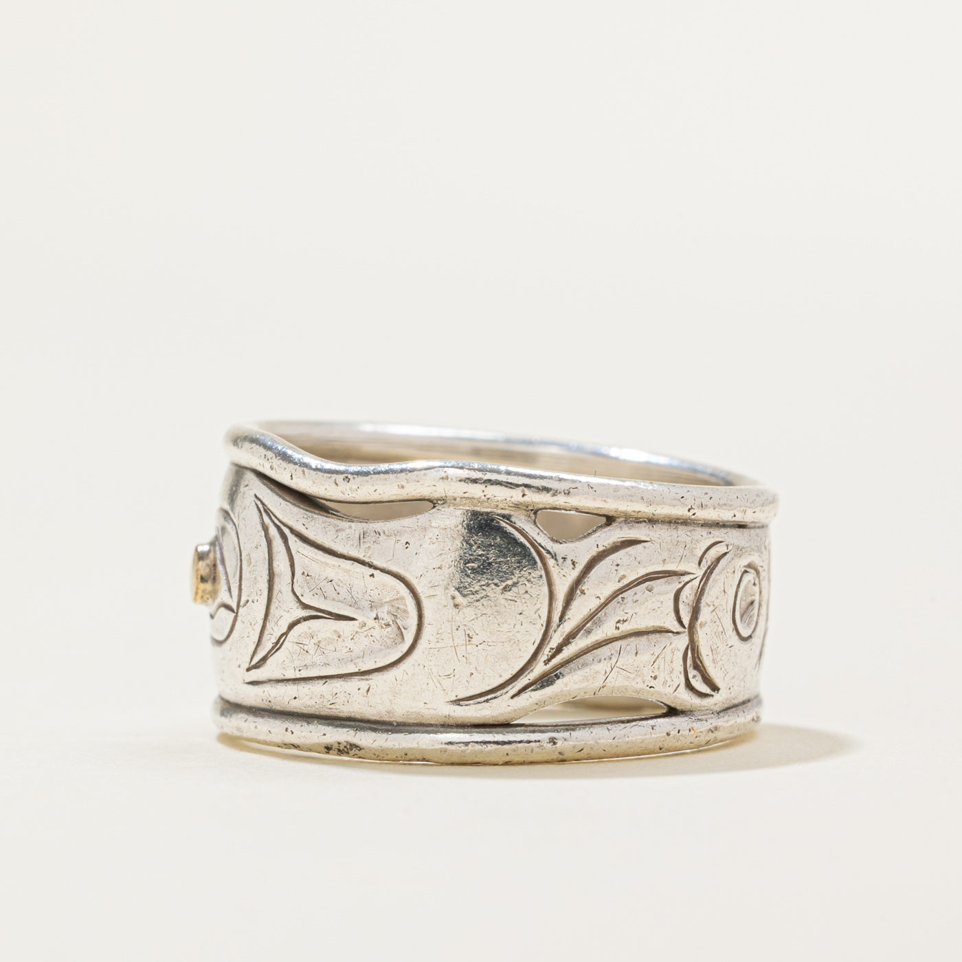 'David Neel' Sterling Silver & 14k Gold Indigenous Bear Ring | 11mm | SZ 6.5