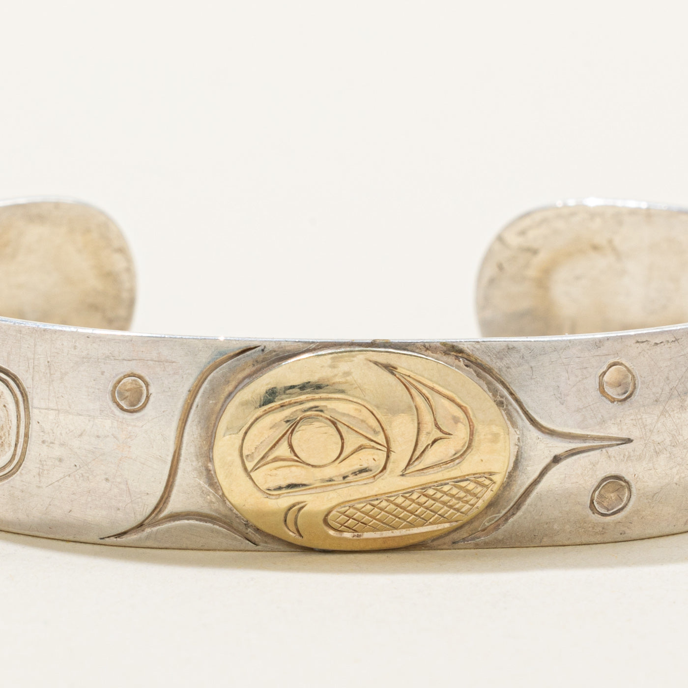 'David Neel' Sterling Silver & 14K Indigenous Carved Orca Cuff | 6"