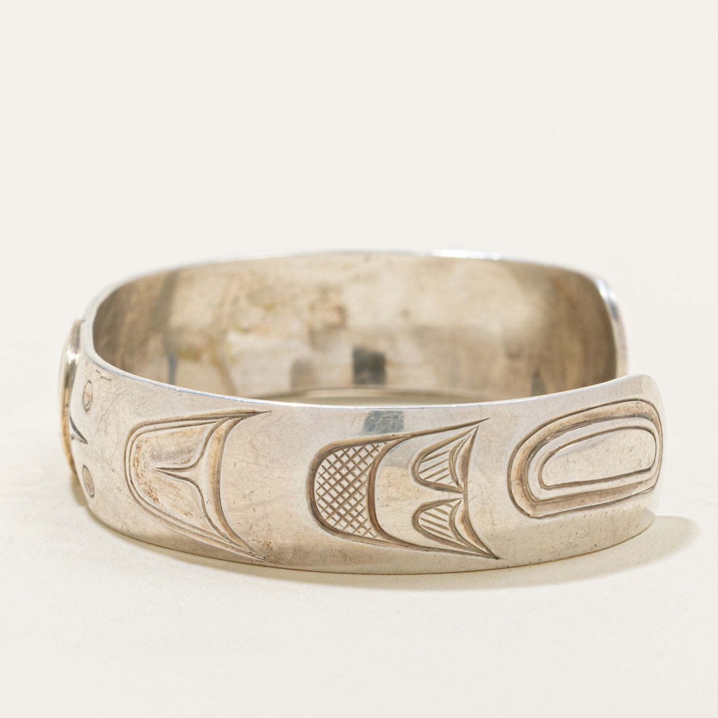 'David Neel' Sterling Silver & 14K Indigenous Carved Orca Cuff | 6"