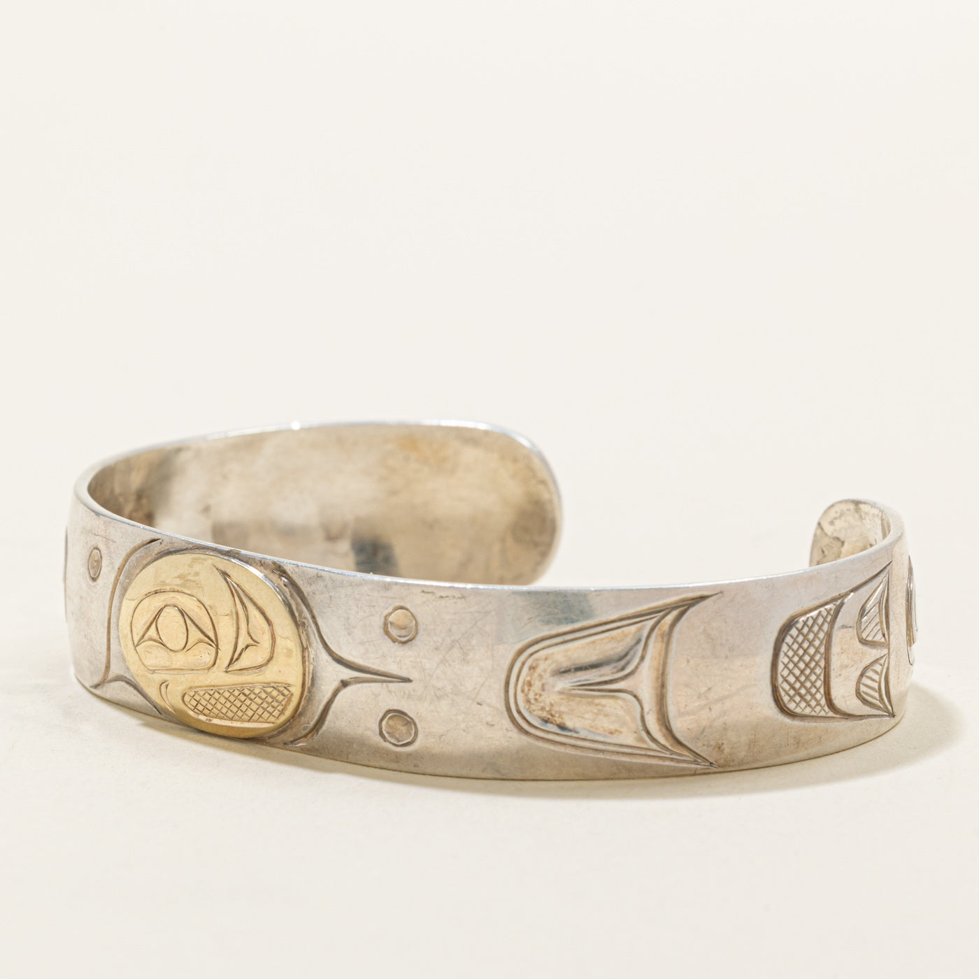 'David Neel' Sterling Silver & 14K Indigenous Carved Orca Cuff | 6"