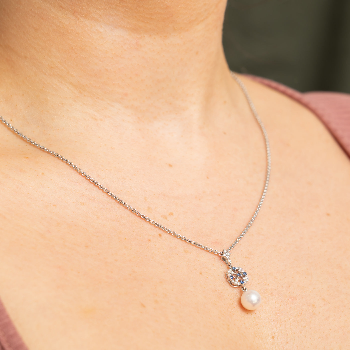 ‘Mikimoto’ 18k Sapphire & Pearl Pendant Necklace | 0.19ctw, 0.10ctw | 17.75"
