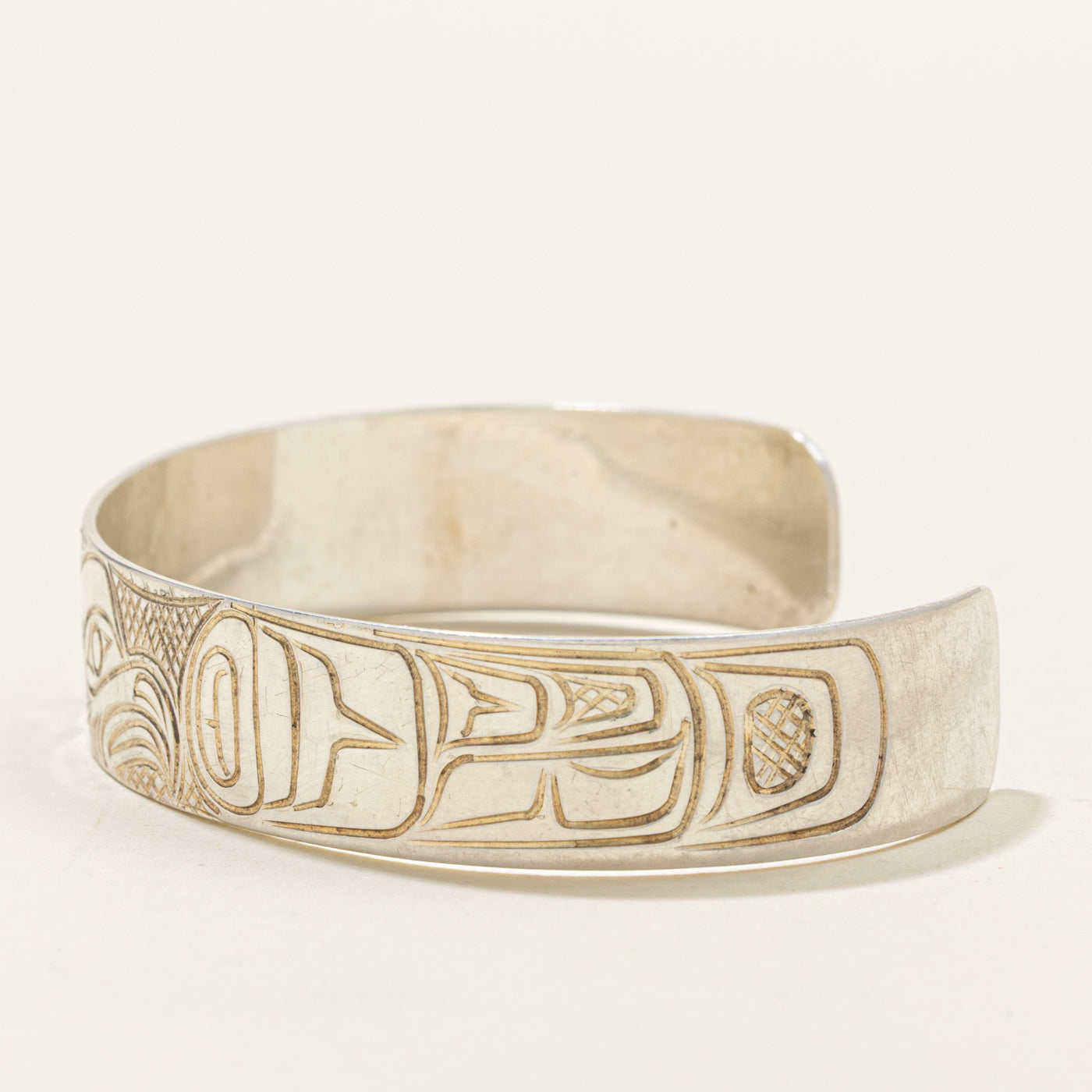 Sterling Silver Indigenous Carved Eagle Cuff | 6"