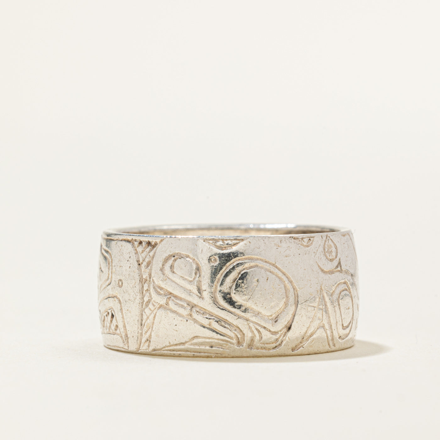 Sterling Silver Indigenous Carved Eagle & Thunderbird Split Design Ring | 9.1mm | SZ 7.75