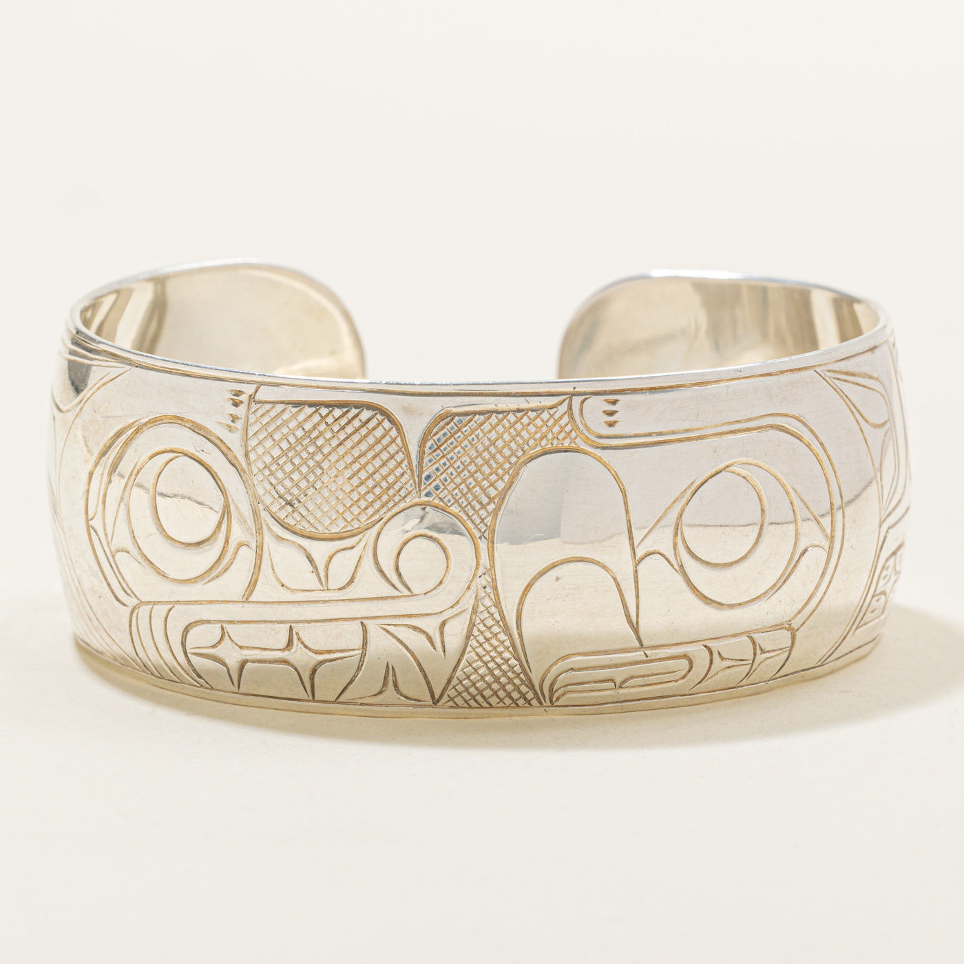 'Randy Wisla' Sterling Silver Indigenous Carved Eagle & Wolf & Moons Cuff | 7"