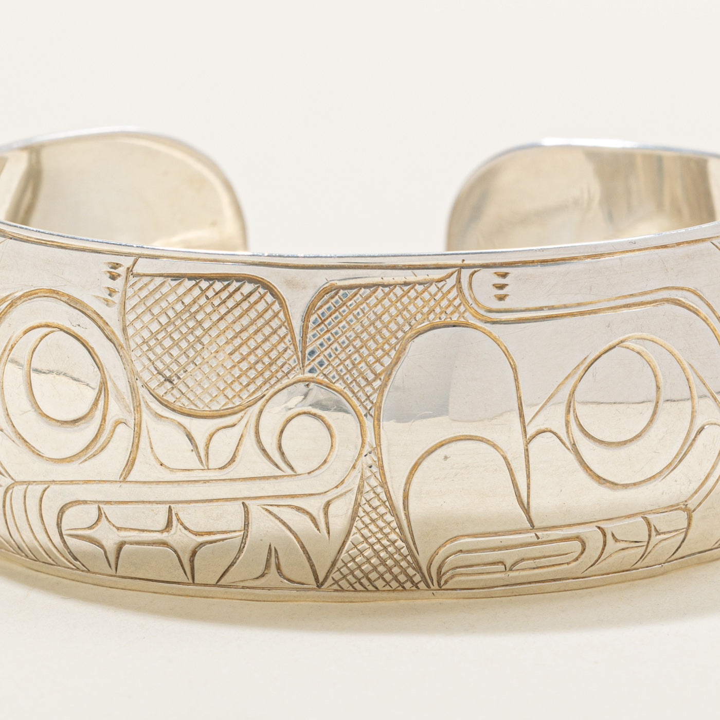 'Randy Wisla' Sterling Silver Indigenous Carved Eagle & Wolf & Moons Cuff | 7"