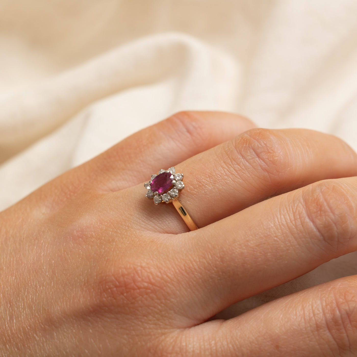 ‘Birks’ 14k Ruby & Diamond Halo Ring | 0.50ct, 0.30ctw | SZ 6.25