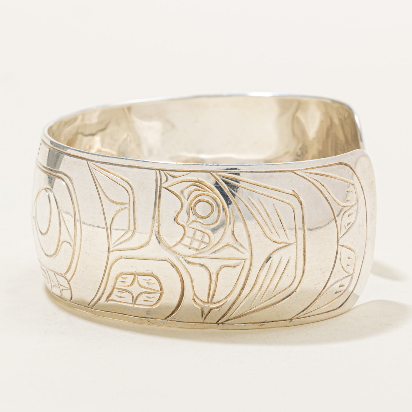 'Randy Wisla' Sterling Silver Indigenous Carved Eagle & Wolf & Moons Cuff | 7"