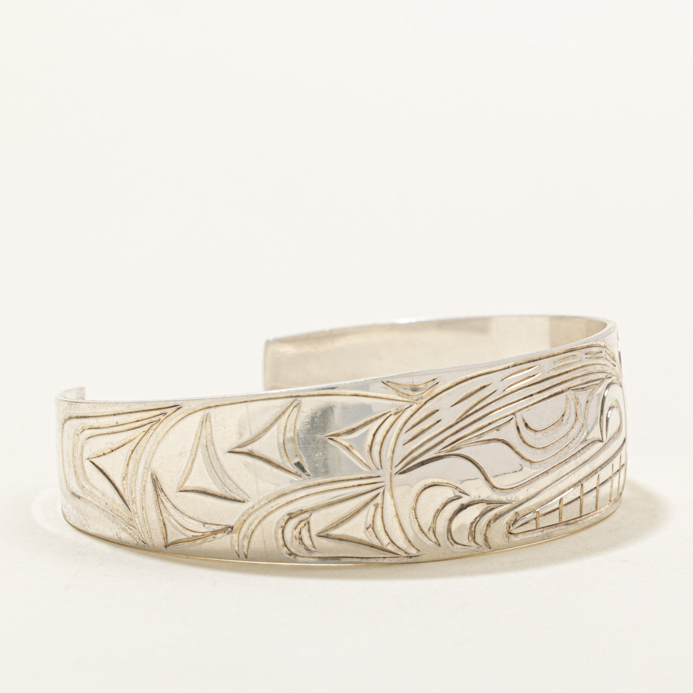 'Randy Wisla' Sterling Silver Indigenous Carved Eagle & Wolf & Moons Cuff | 6"