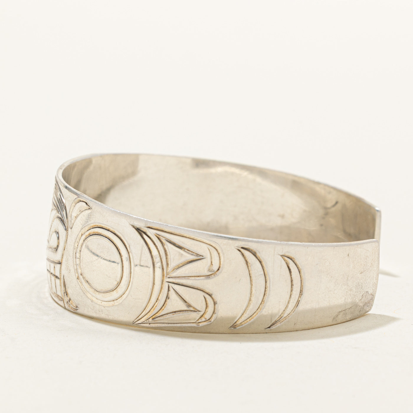 'Randy Wisla' Sterling Silver Indigenous Carved Eagle & Wolf & Moons Cuff | 6"