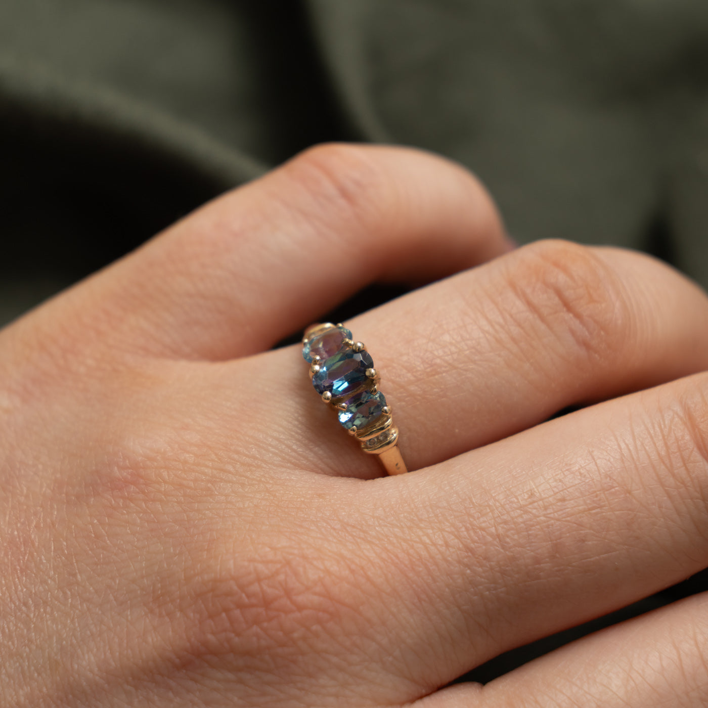 10k Three Stone Mystic Topaz & Diamond Accented Ring | 0.95ctw, 0.01ctw | SZ 7