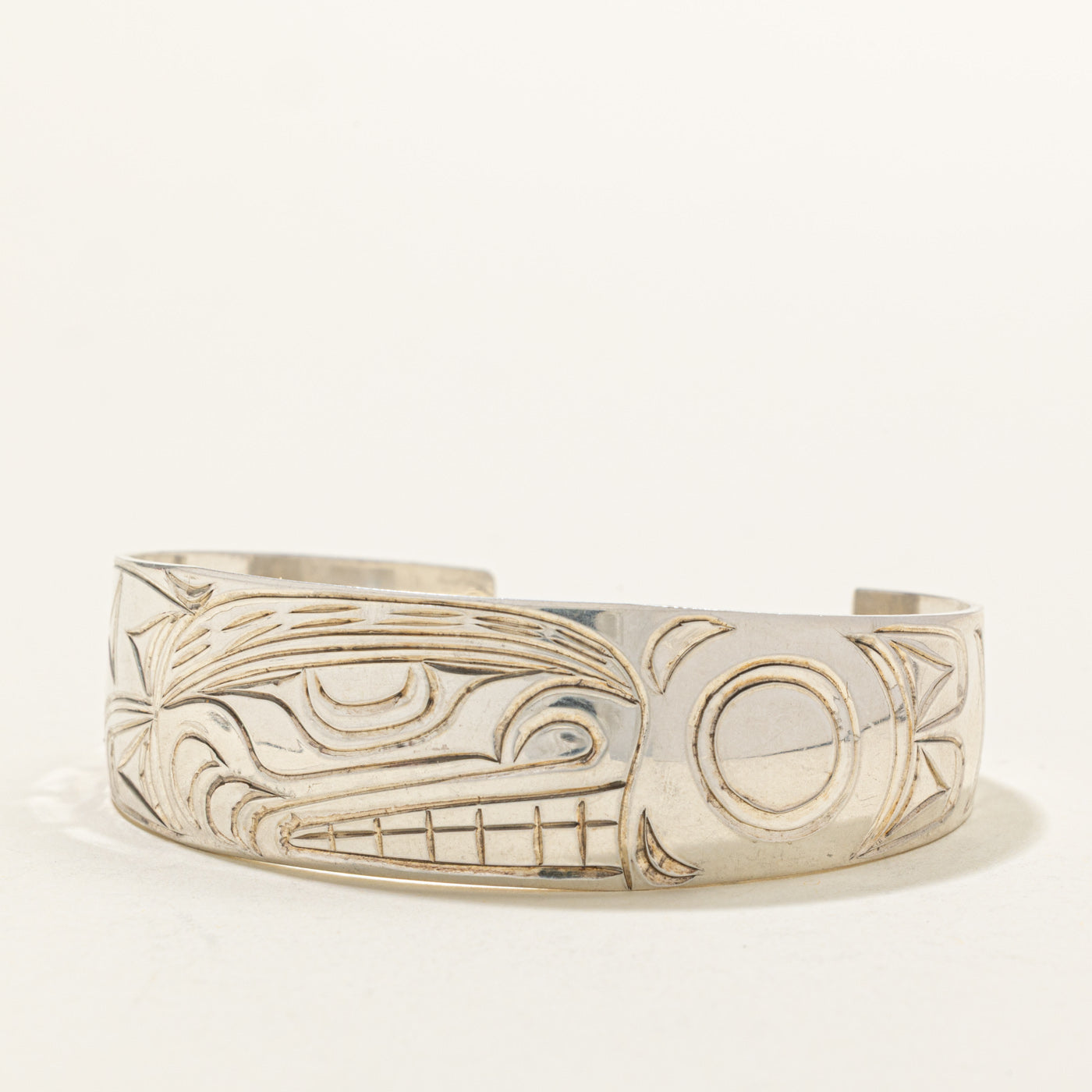 'Randy Wisla' Sterling Silver Indigenous Carved Eagle & Wolf & Moons Cuff | 6"