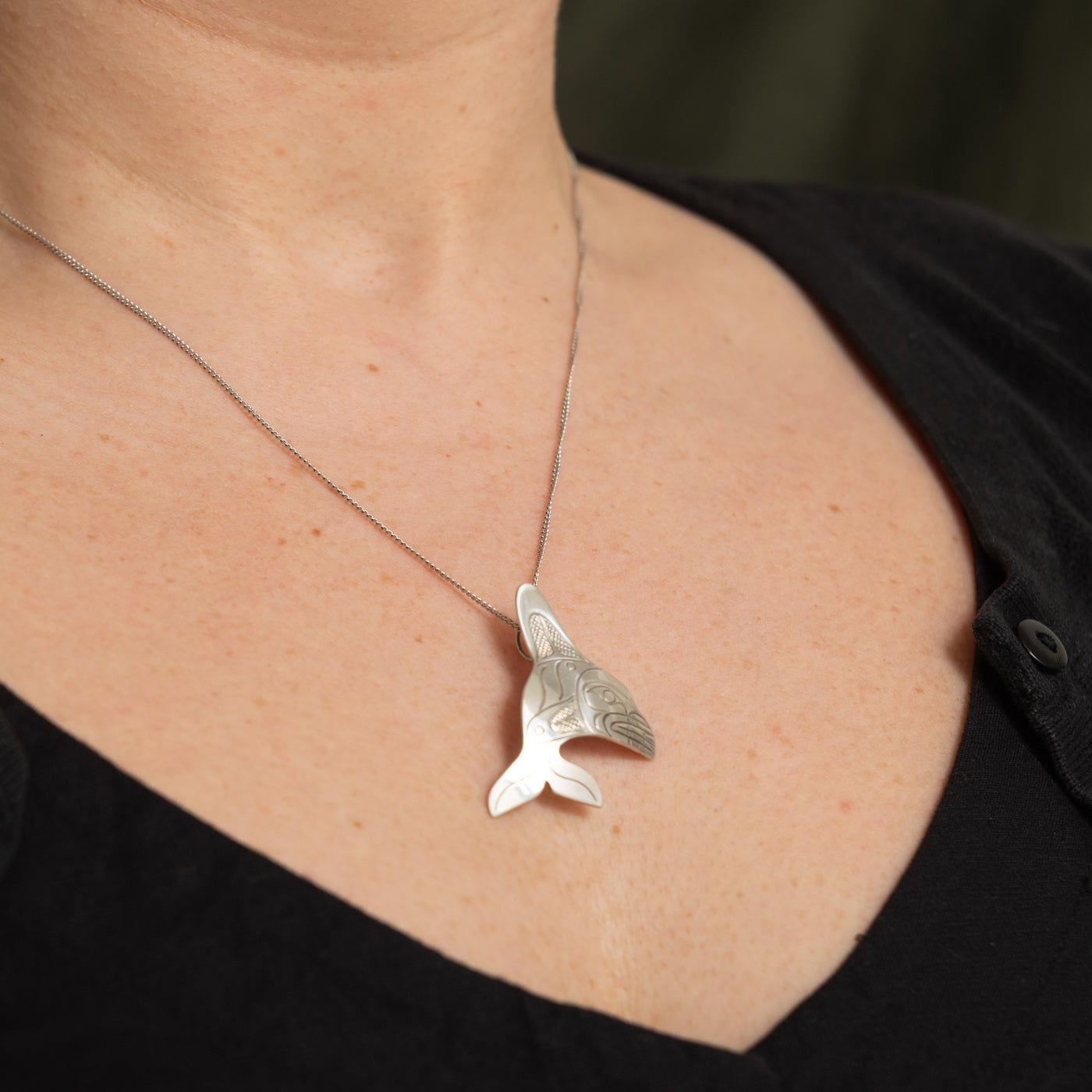 Sterling Silver Indigenous Carved Orca Pendant