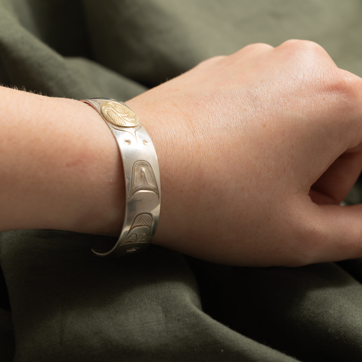 'David Neel' Sterling Silver & 14K Indigenous Carved Orca Cuff | 6"