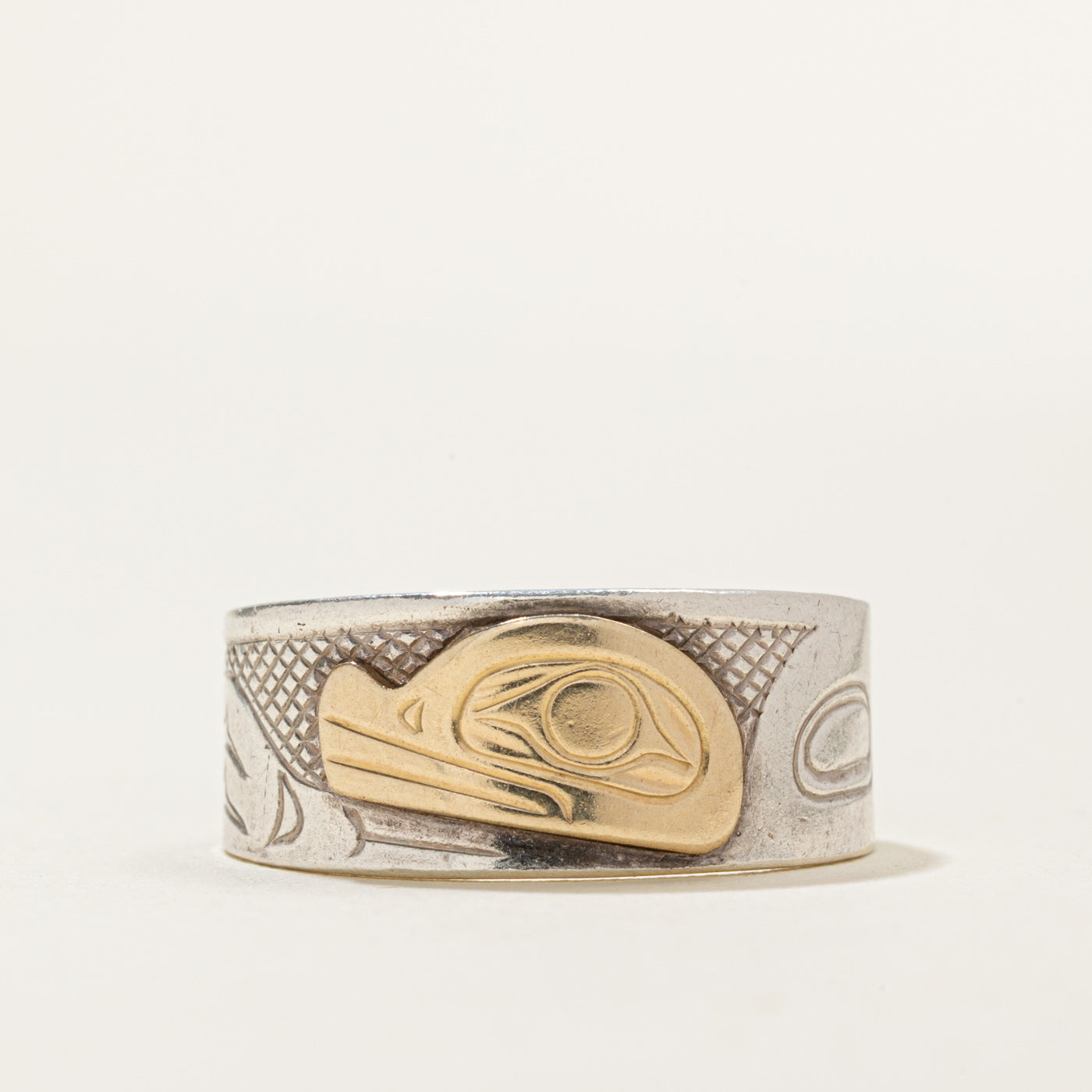 'Marvin Tallio' Sterling Silver & 14k Indigenous Carved Ring | SZ 9.25