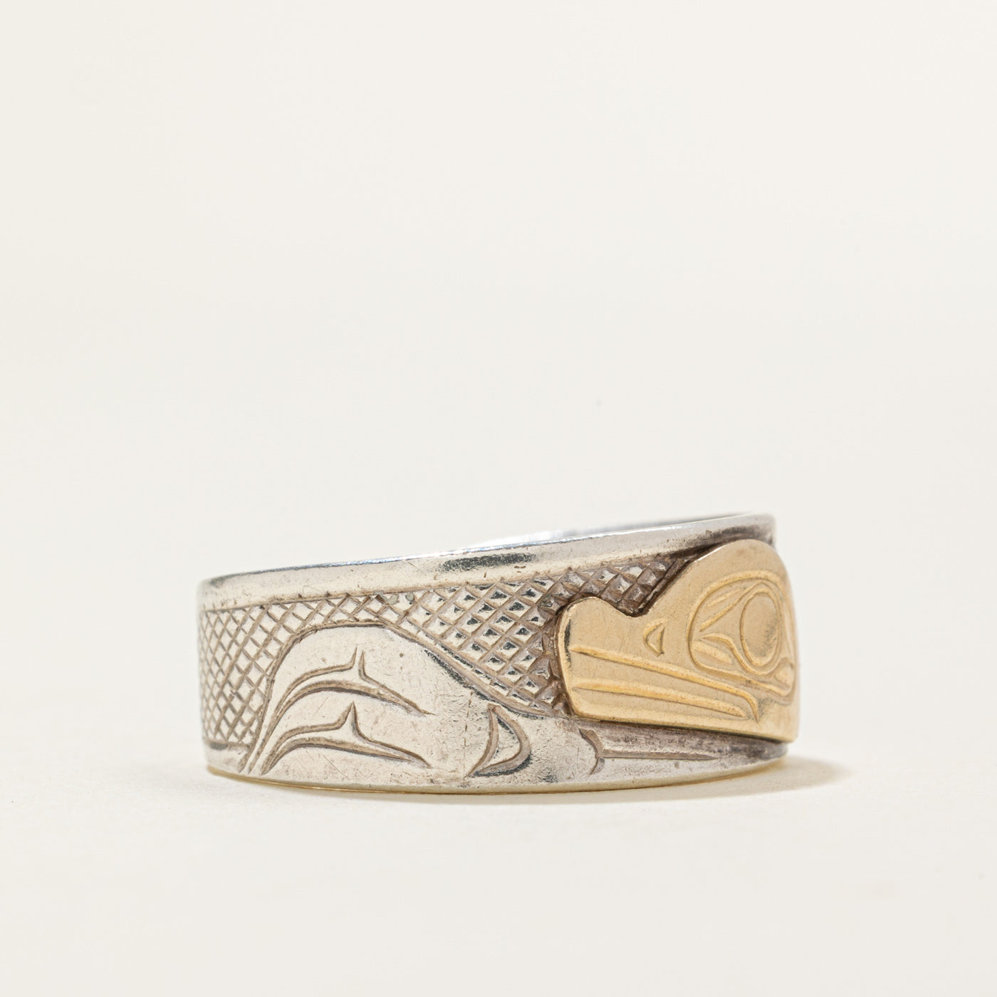 'Marvin Tallio' Sterling Silver & 14k Indigenous Carved Ring | SZ 9.25