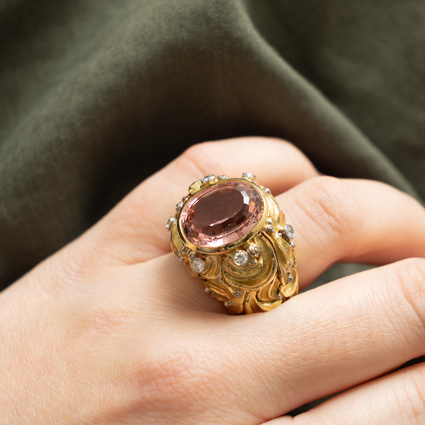 18k Pink Tourmaline & Diamond Art Nouveau Inspired Statement Ring | 9.00ct, 0.24ctw | SZ 6.25