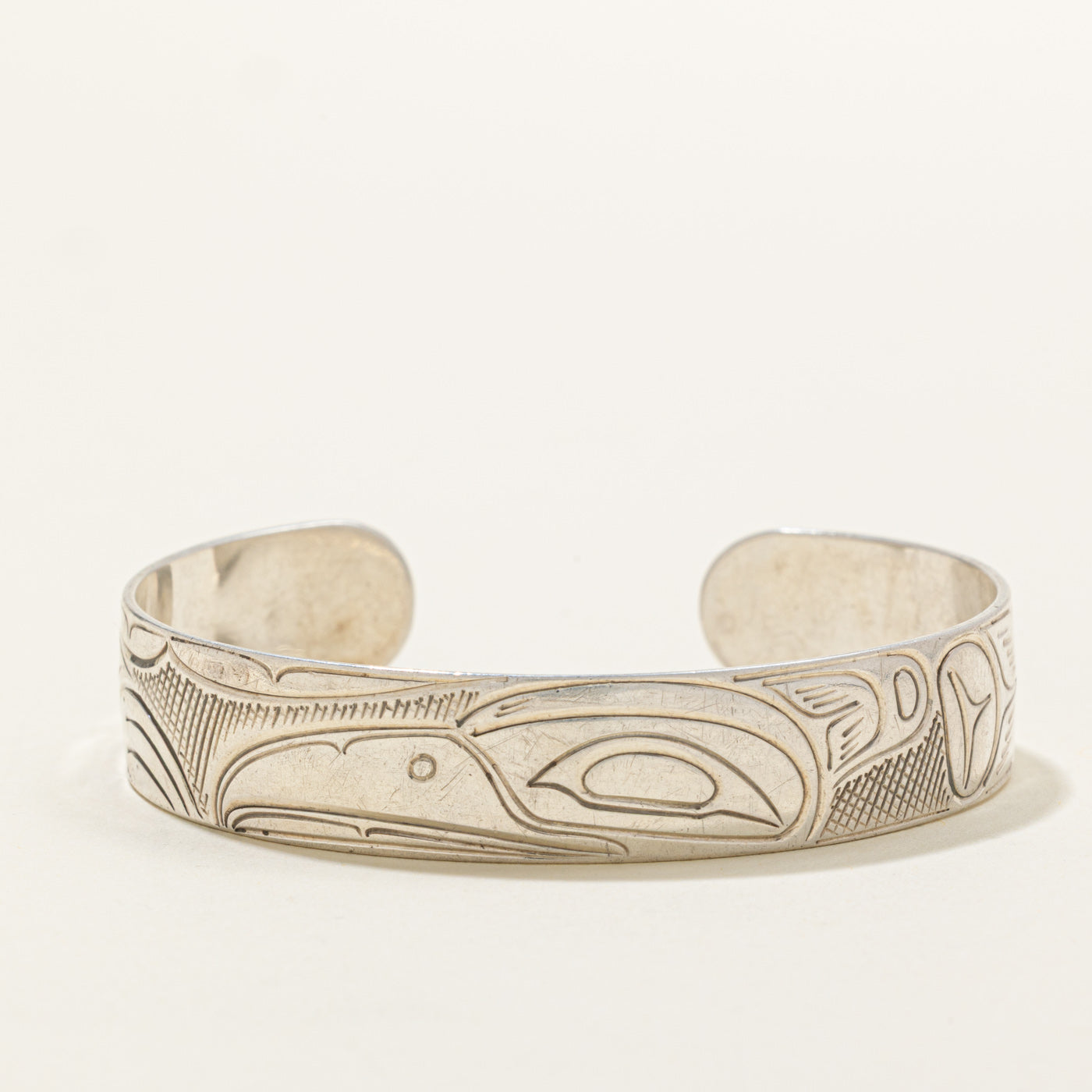 Sterling Silver Indigenous Carved Raven Cuff | 6"