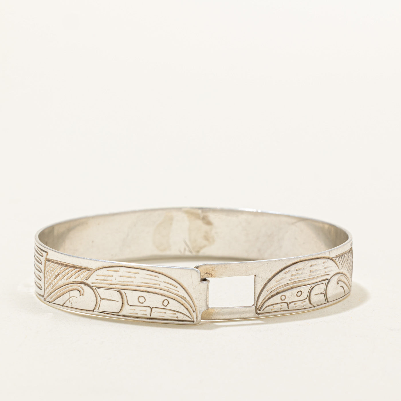 Sterling Silver & 14K Indigenous Carved Wolves & Moon Bangle | 7"