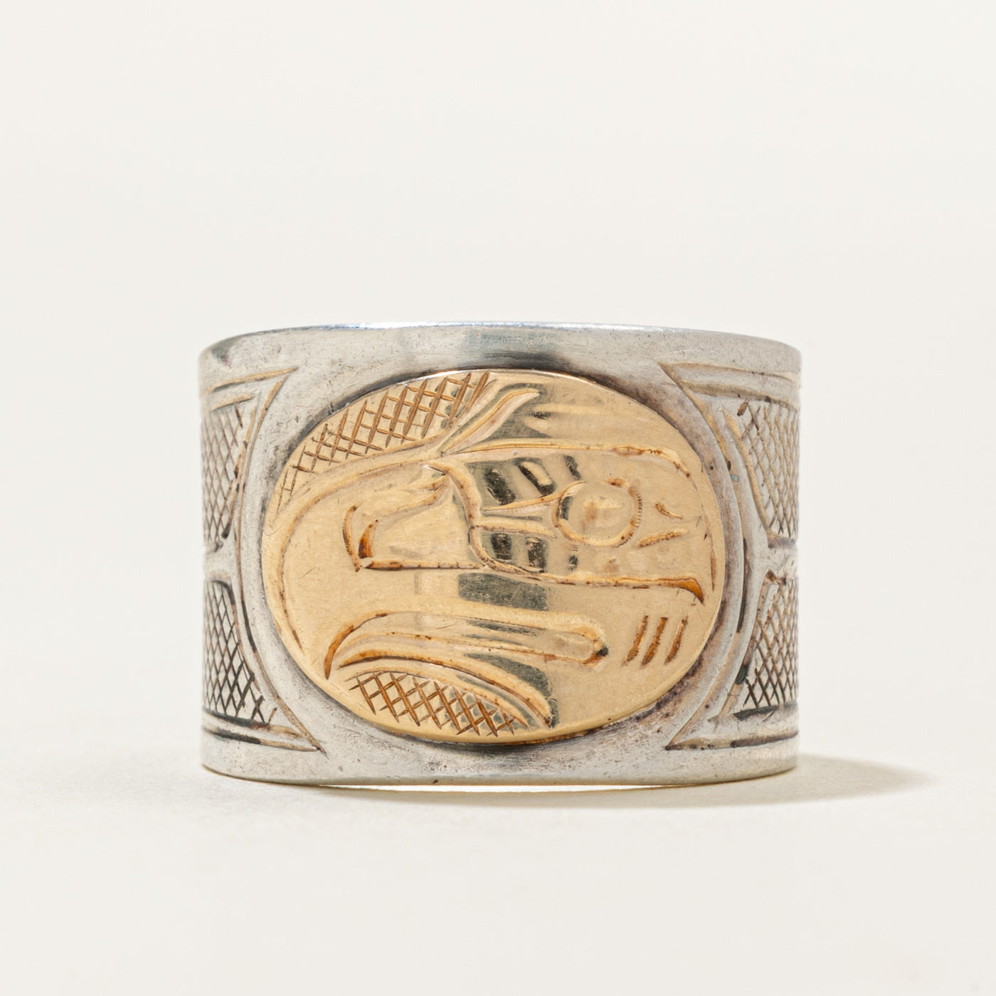 Sterling Silver & 14k Indigenous Carved Eagle Ring | SZ 3.5